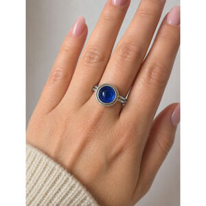 Blue Glass Cabochon Statement Wire Wrap Ring Silver Tone Artisan Style size 6